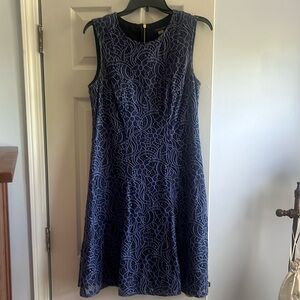 Navy lace/lined sleeveless, back zip midi dress, A-line